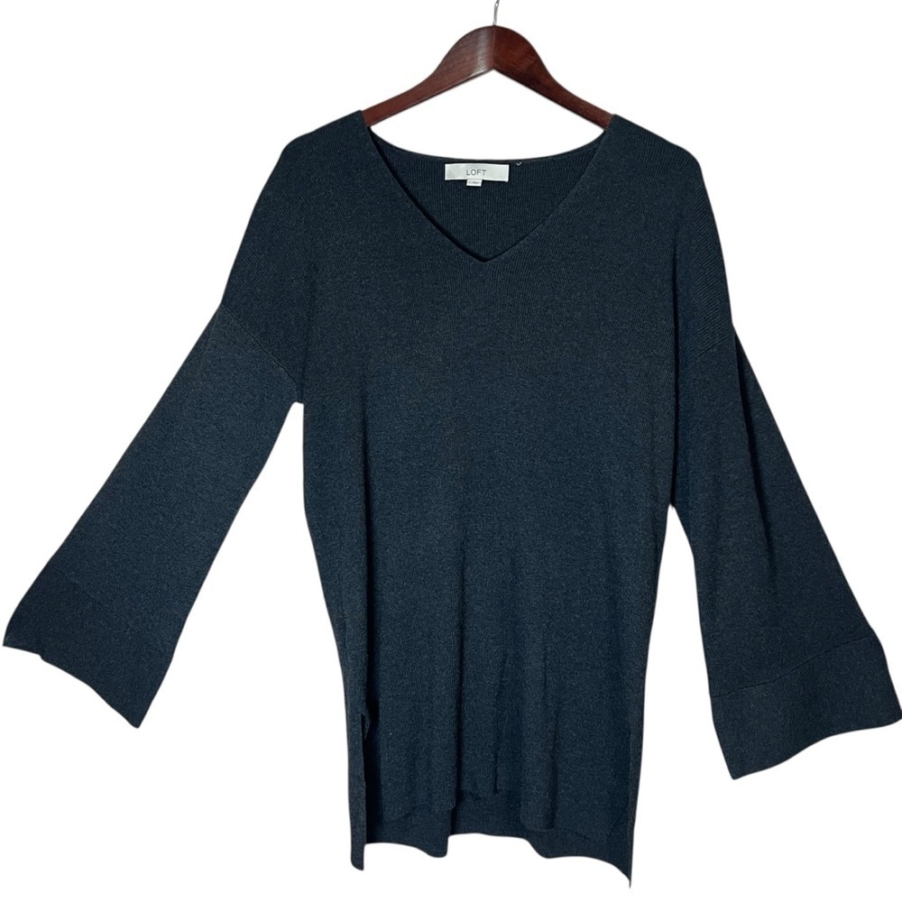 Loft Gray Wool Blend Flare Sleeve V-Neck Tunic Sweater Sz Large Slouchy Oversize